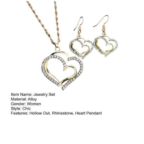 1 Set Women Necklace Earrings Set Hollow Out Heart Shape Rhinestone Decor Prom Party Hanging Earrings Pendant Clavicle Necklace