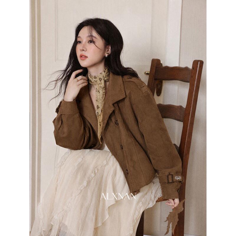 Luxiangnan Women's Maillard Brown Double-Breasted Short Jacket