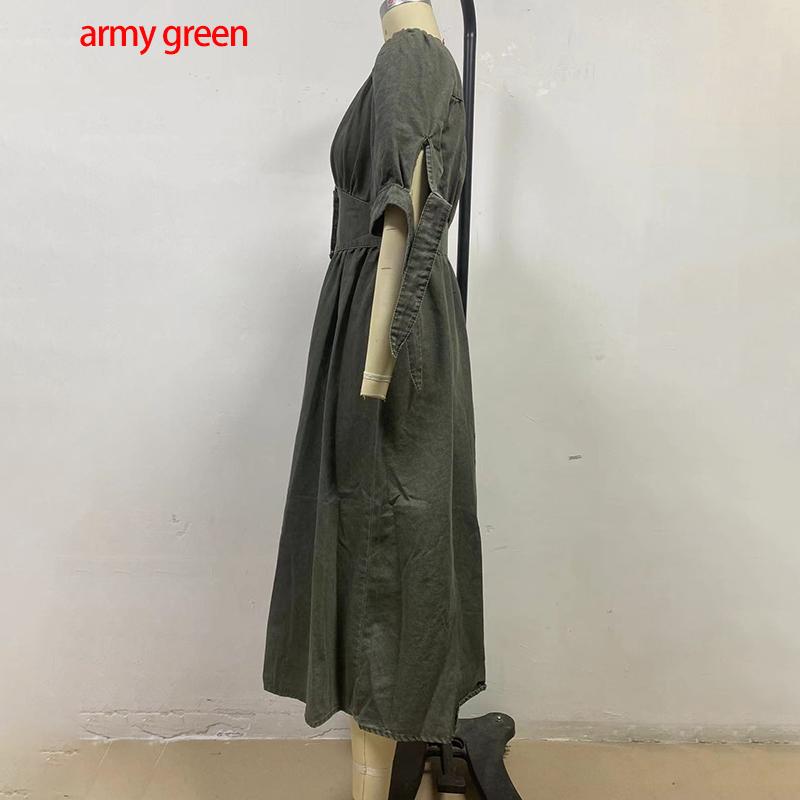 Fashion Sexy V-neck Denim Dress Women's Single Breasted Half Sleeved A-line Dress Solid Color Commute Minimalist Dresses Spring and Summer New