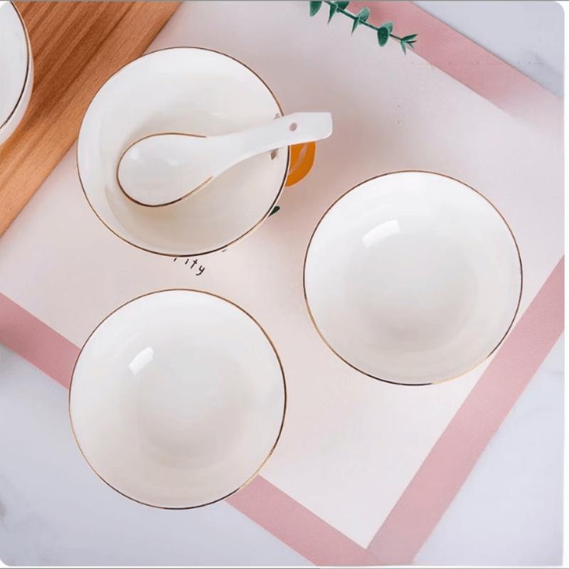 AVADEN Pure White Ceramic Rice and Noodle Bowls with Gold Rim