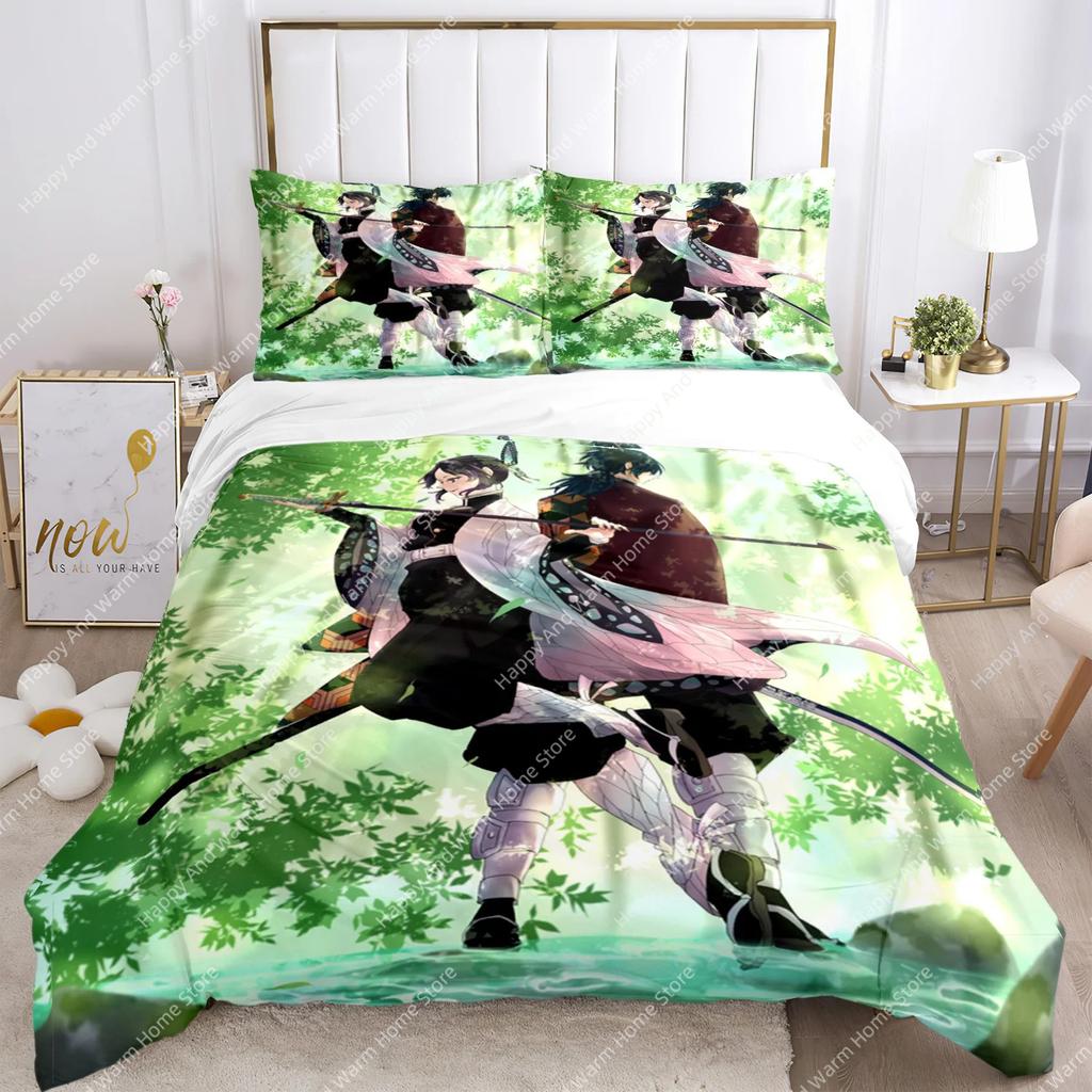 Anime Demon Slayer Print Bedding Set 2/3pieces Nezuko Bed Linen Queen Double Single King Size Duvet Cover Set Boys Adults Gift