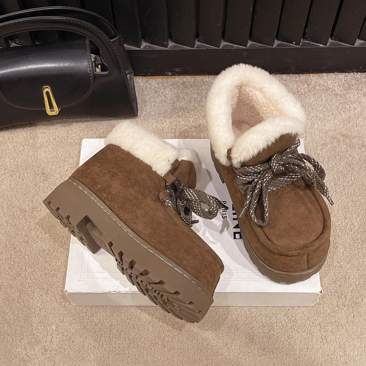 

New retro winter snow boots warm thick-soled plush home outdoor short boots lace-up medium tube cotton slippers women 40-41 коричневий