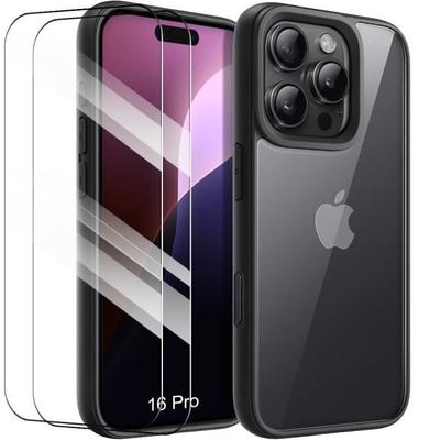 Case and 2 Tempered Glasses for iPhone 16 Pro, Shockproof Scratch-Resistant Translucent with Black Silicone Edge