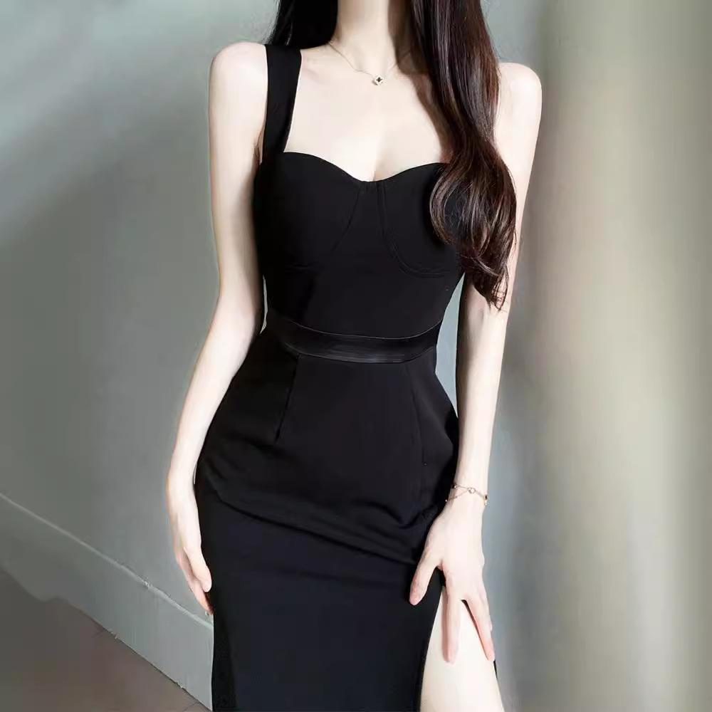 French Evening Dress New High-end Split Suspender Dress Black Hepburn Sexy Little Black Dress KTV