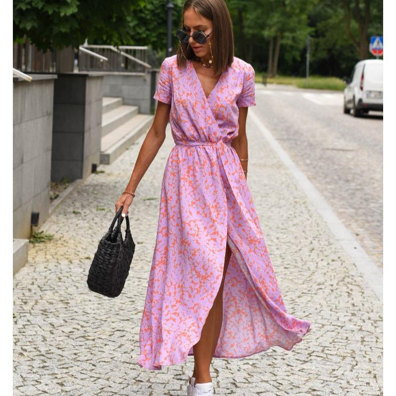 Women Floral Print Long Dresses Summer Sexy V Neck Split Lace-up Dress Female Casual Elegant Short Sleeve Beach Dress Vestidos