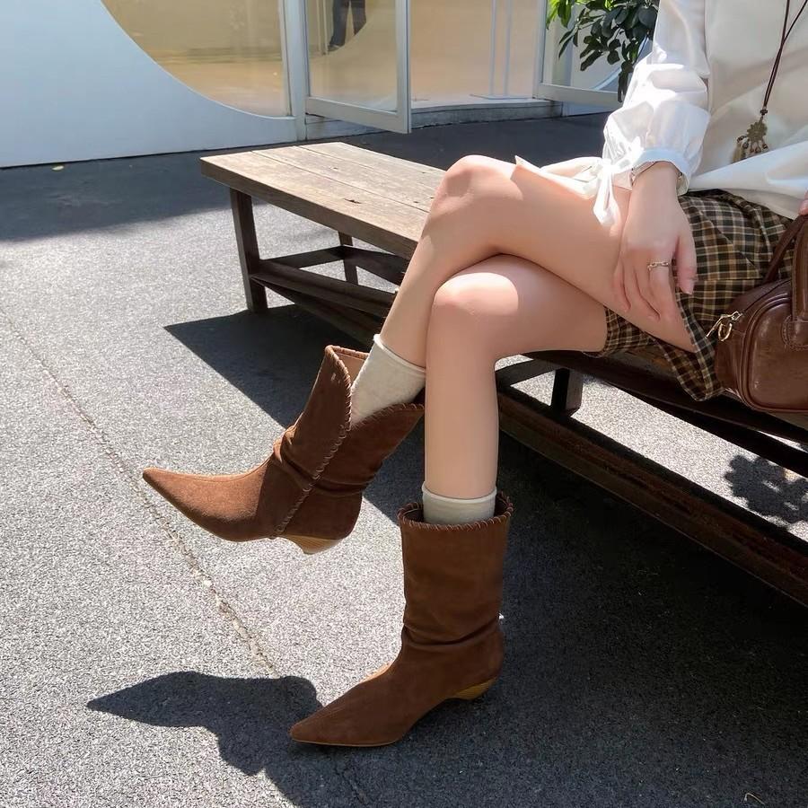 French Retro Pointed Pleated Thick Heel Medium Tube Short Boots Children 2025 New Temperament Hundred Fashion with Western Boots