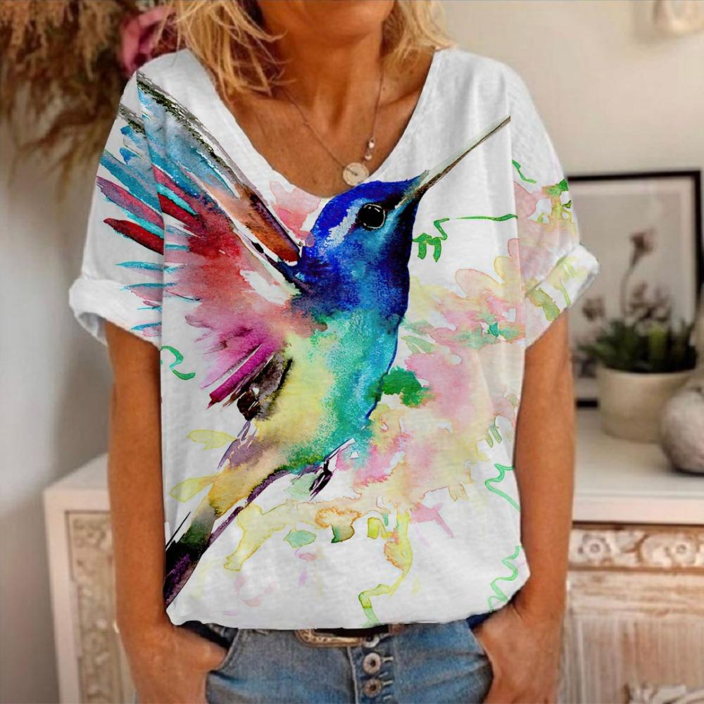 Nová zvířecí ptáčí 3D potisk kolibřík dámská trička s krátkým rukávem s výstřihem do V Y2K trička oversized Harajuku trička dámské oblečení