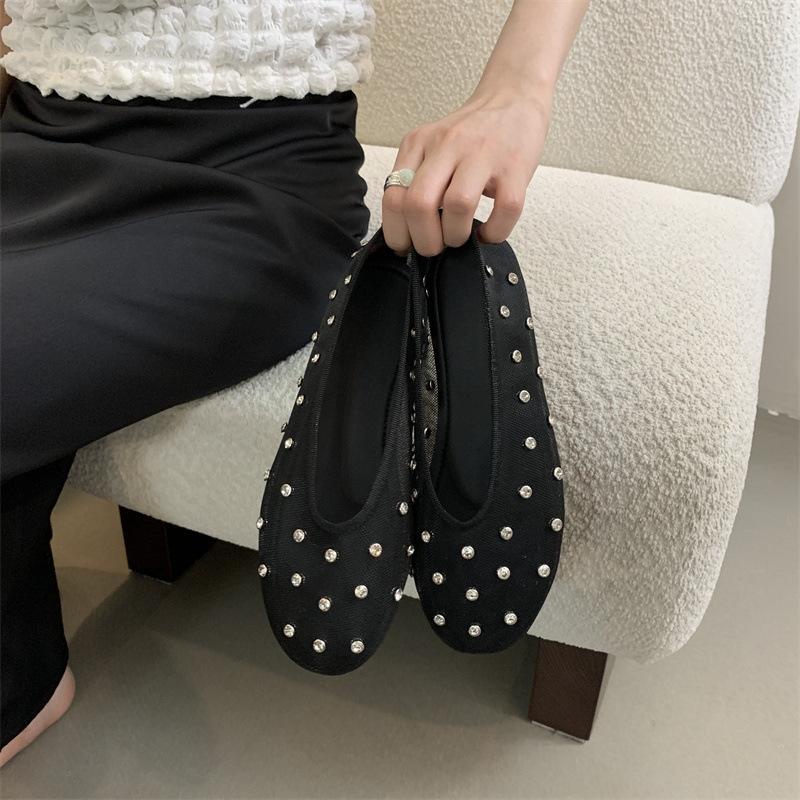 

Высокая мода сетка со стразами одинарная обувь женская весна и лето круглый носок мелкий вырез универсальные балетки на плоской подошве балетки с мягкой подошвой 35 чёрный