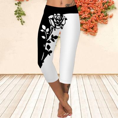 Long Pants, Summer Short Leggings, Short Tight Pants, Plus Size Leggins Women's Slim Fit 3D Black and White Rose Printed Pants