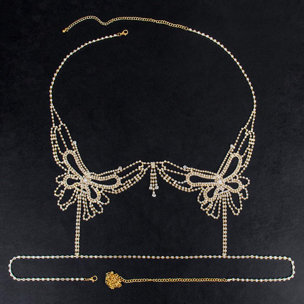 Funkelndes Strass-Körper Schmuckset Kristall Bikini BH-Oberteil und Höschen Tanga Körperkette Accessoires für Damen