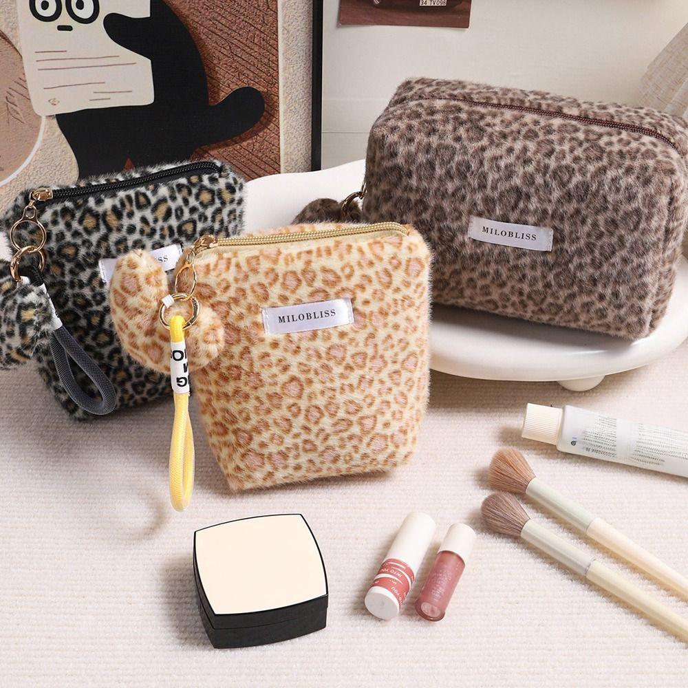 Fashion Fuzzy Makeup Bag Large Capacity Leopard Print Cosmetic Bag Portable Soft Travel Bag Cosmetic Storage