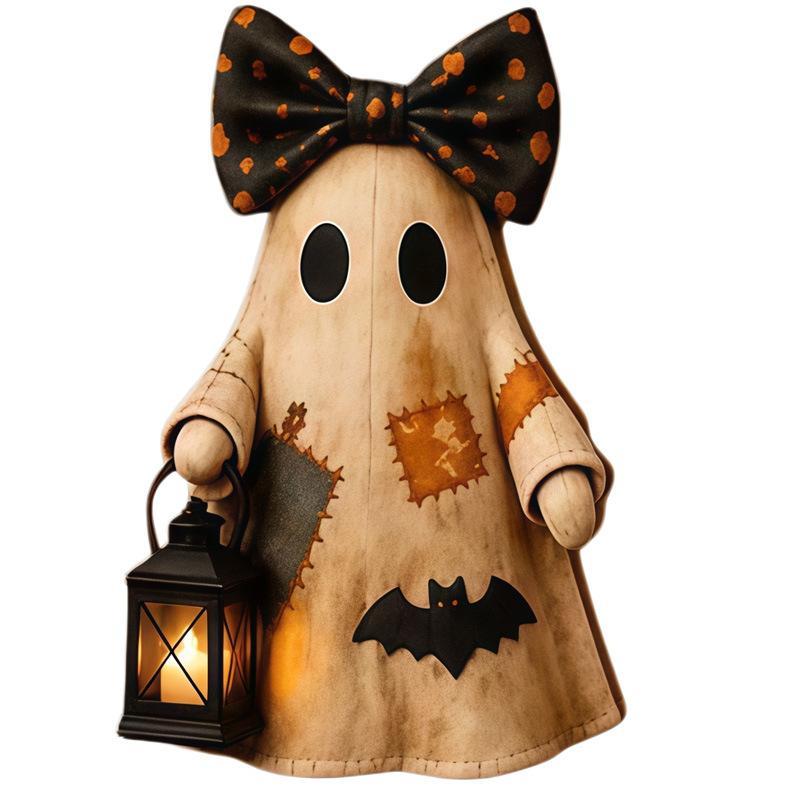2D Vintage Abgenutzter Holzflicken Geist Tischdekoration Halloween Hexenhut Mit Schleife Dekoration Für Wohnzimmer Schlafzimmer Kamin