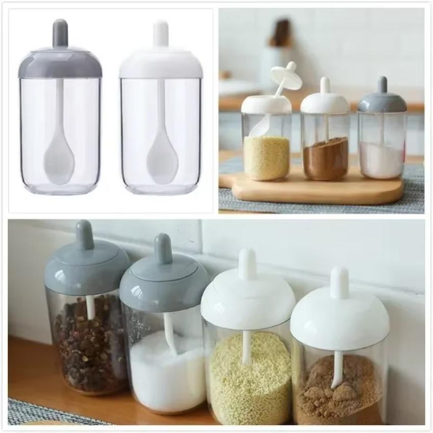 Glass Spices Jars Stickers Salt Sugar Powder Olive Oil Pepper Seasoning Storage Bottle Spoon Base Tools Kitchen Accessories Set