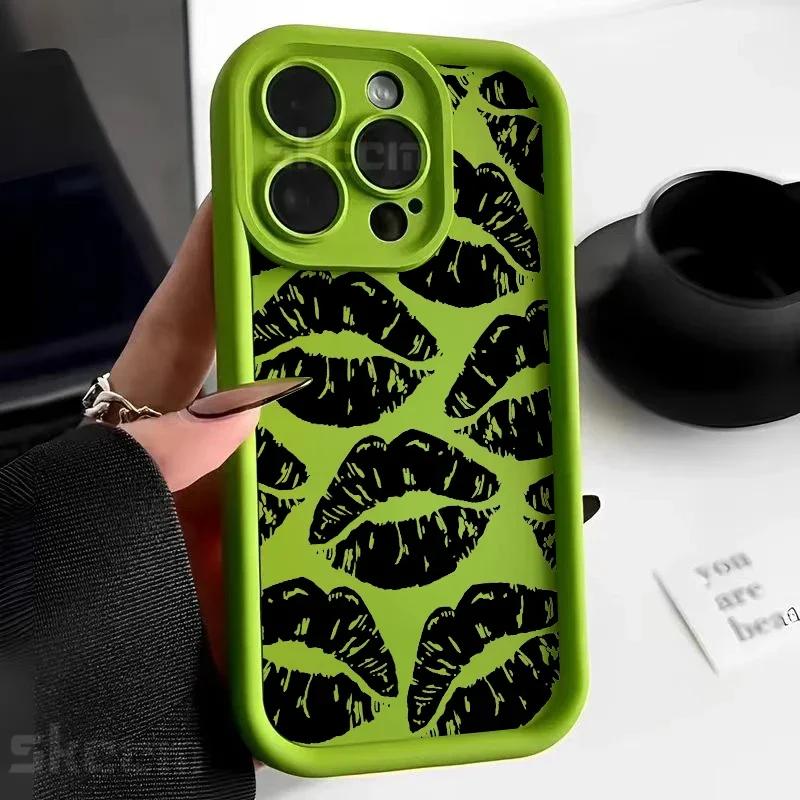 Black Lips Kiss Print Soft Silicone Phone Case For iPhone 16 15 Pro Max 14 13 12 11 Pro Max 7 8 15 Plus X XS XR Shockproof Cover