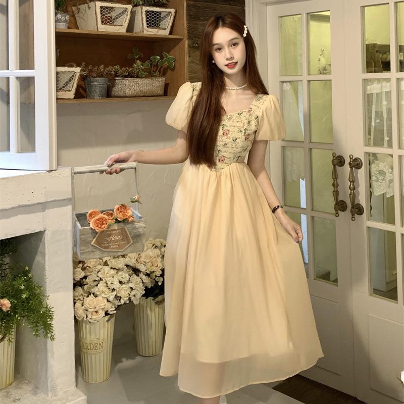 French summer dress new sweet small light and ripe floral dress waist and thin a word medium and long dress