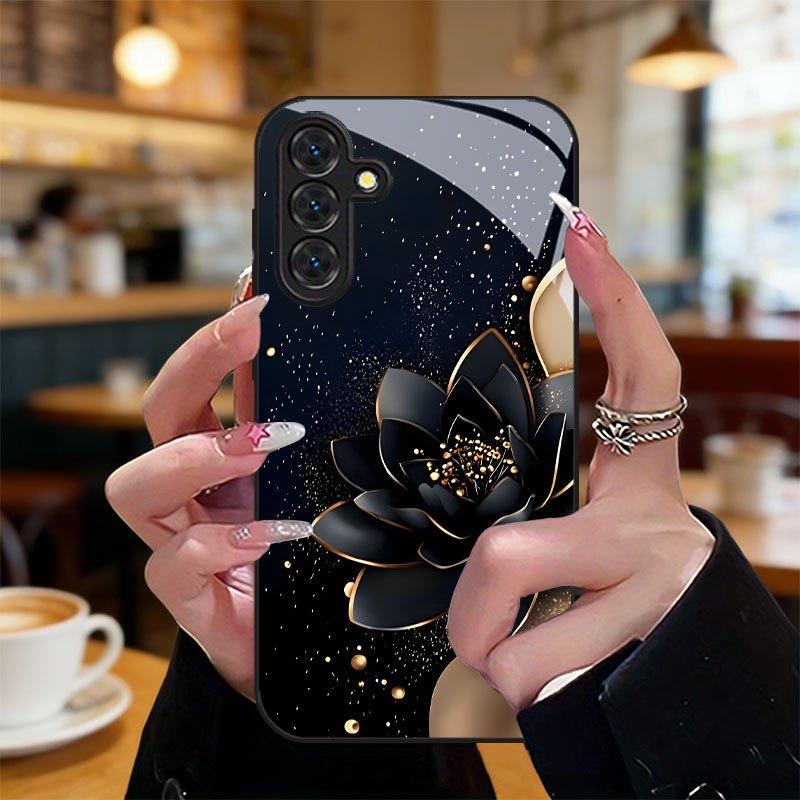 Schwarze Glas-Handyhülle mit Lotosmuster, geeignet für Samsung Galaxy S26 S25 S24 S23 S22 S20 FE Ultra Plus, stoßfeste Rückseite
