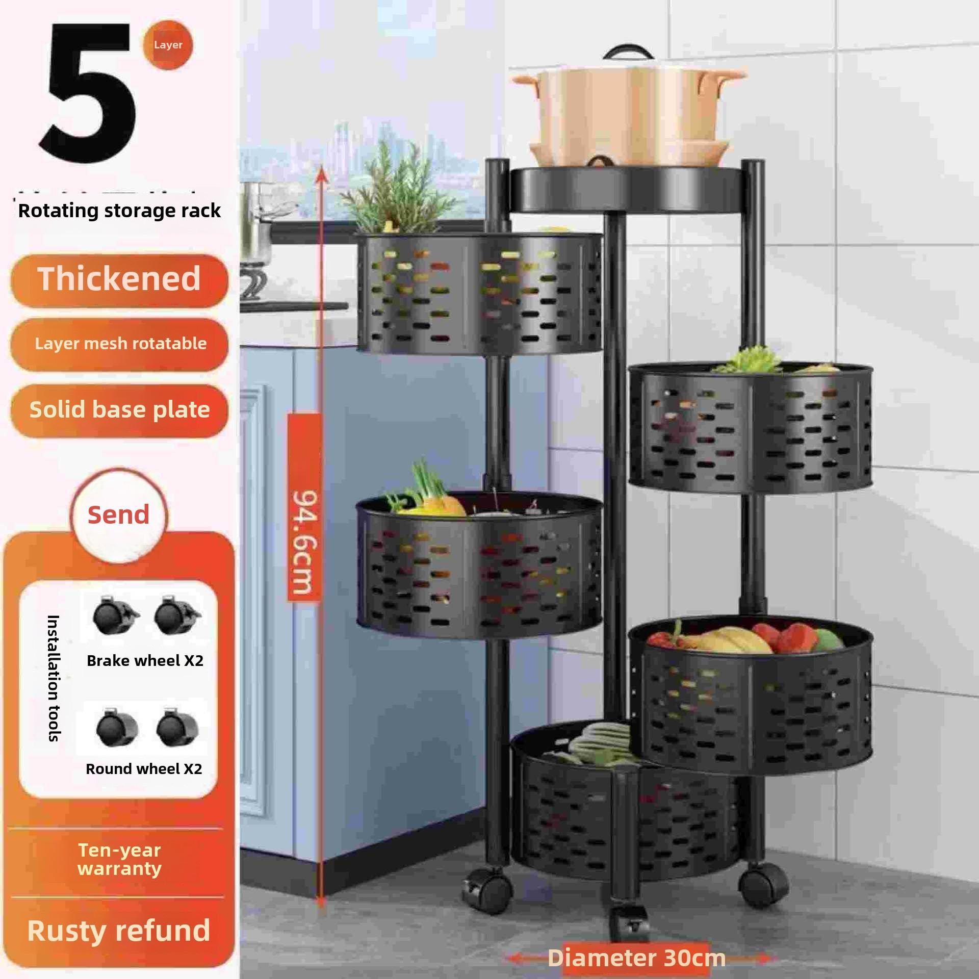 

Многоуровневая тележка для хранения на колесиках, кухонный органайзер, подставка, хозяйственная тележка с колесами для домашней кухни, гостиной Round, 5-layer чёрный
