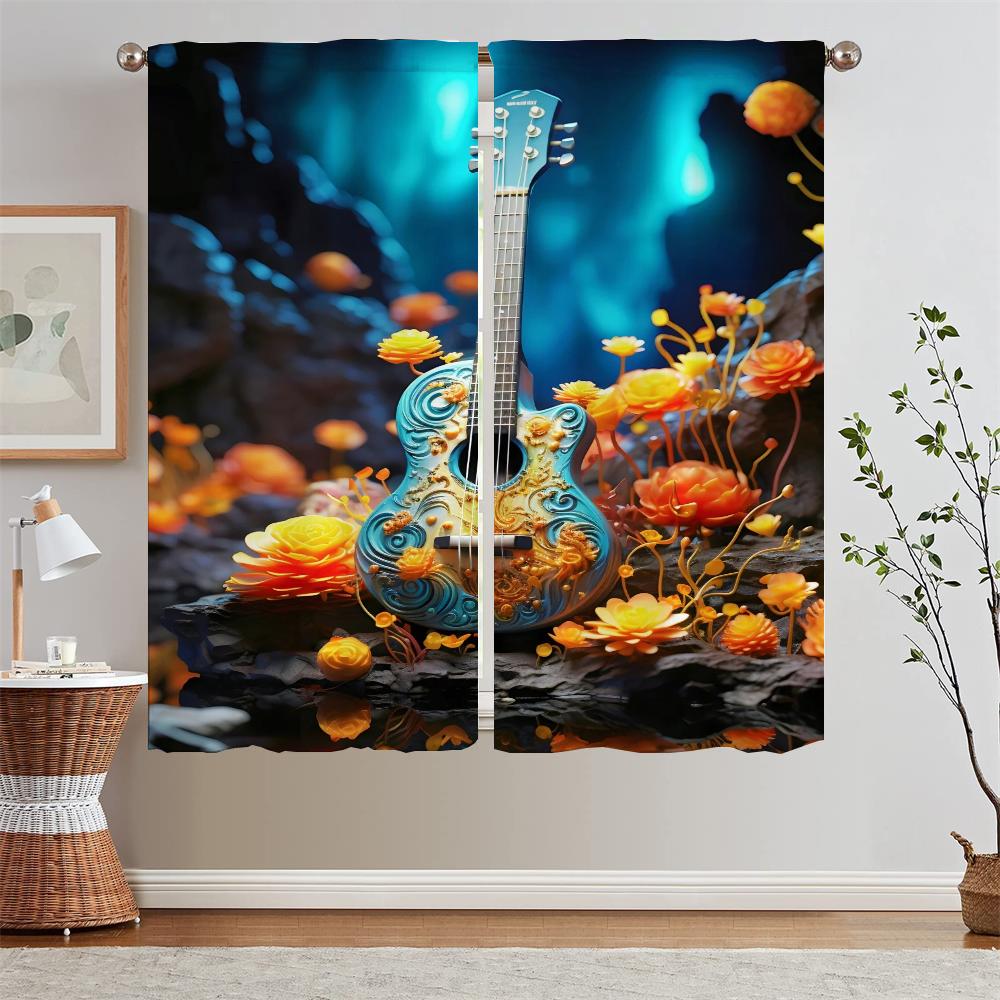 Antique Guitar Bedroom Curtains 2 Pieces Modern Home Decoration Curtain Rods Partition Window Sheer Curtains for Living Room