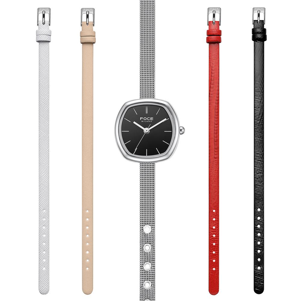 Pocheleidi Women'S Mesh Band & Leather Band Wristwatch 5-Piece Set Fm2015Bk-Set