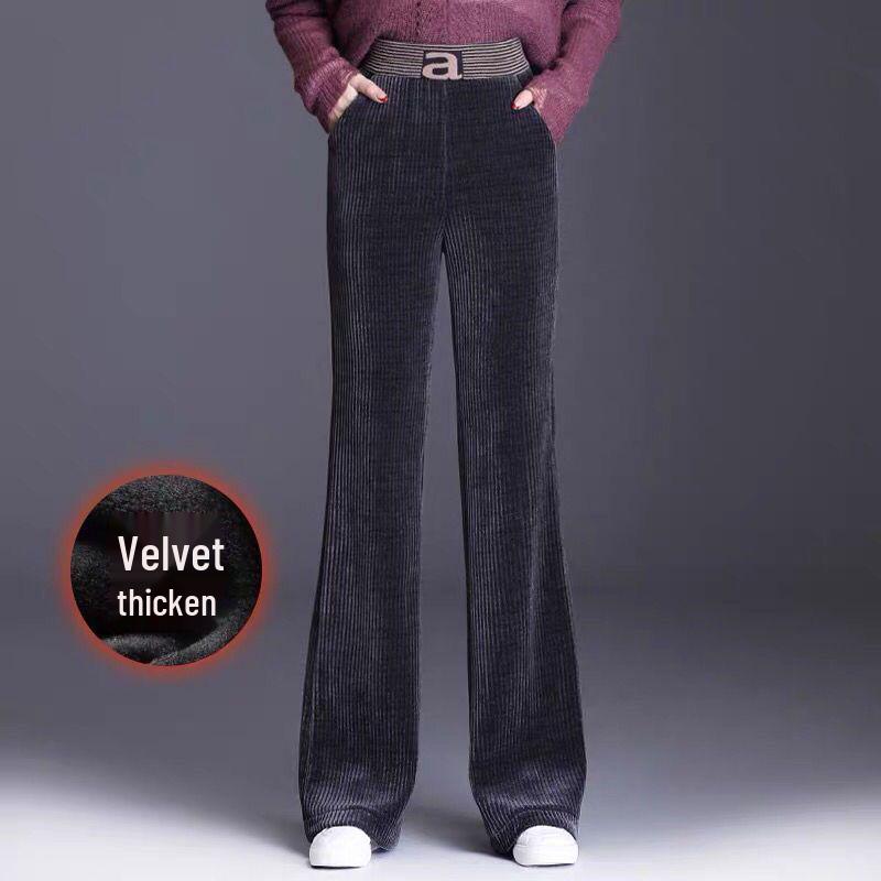 Dámské manšestrové kalhoty s vysokým pasem a širokými nohavicemi s fleecem - Pohodlné, volný střih pro podzim a zimu.