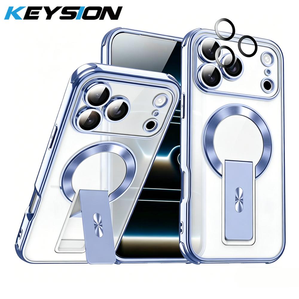 KEYSION Magnetic Transparent Plating Case for MagSafe for iPhone 11 12 13 14 15 16 17 Pro Max Air 16 Plus Upright Kickstand Shockproof Phone Cover