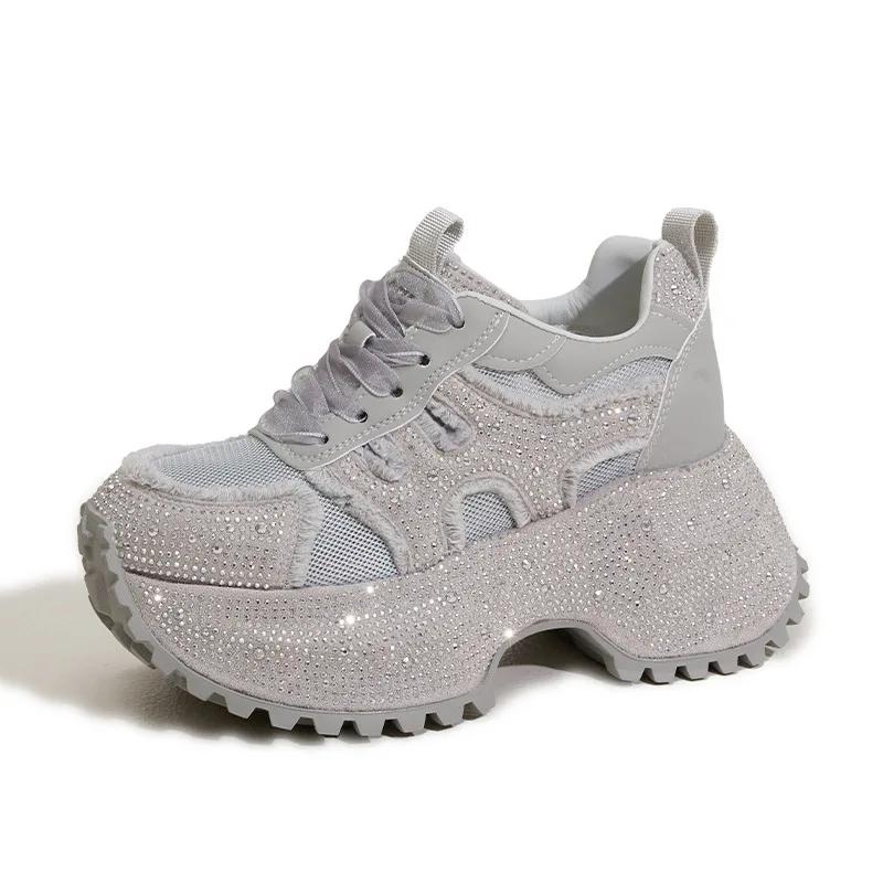 

8.5CM Air Mesh Microfiber Leather Fashion Spring Summer Casual Chunky Sneaker Lace Up High Brand Comfy Booties Bling Shoes Women 34