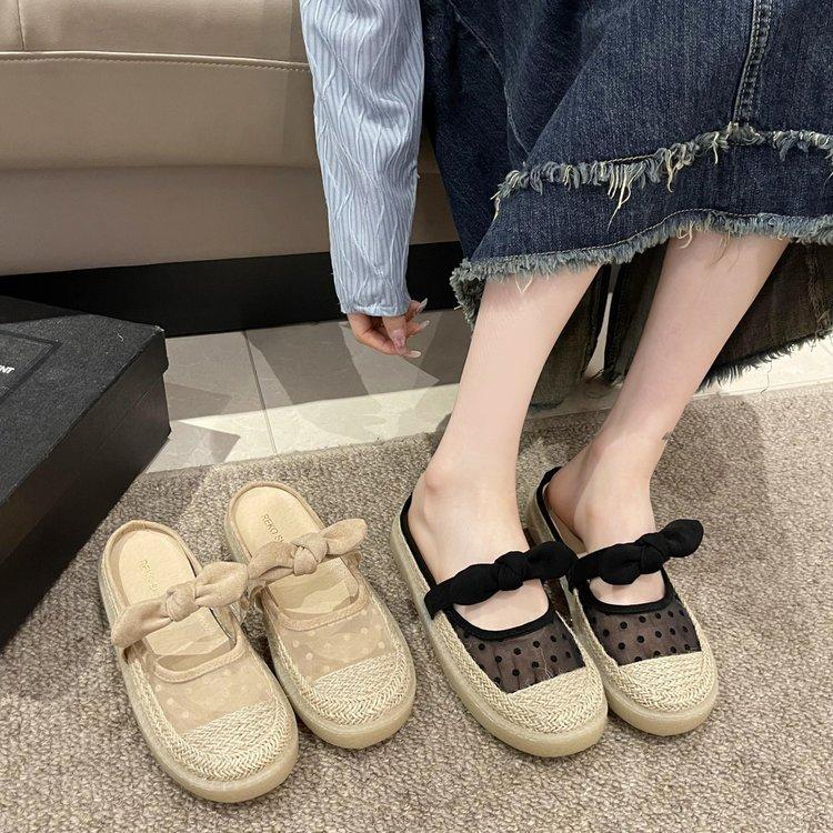 

Mesh half slippers women s new 2024 summer wear French mesh fisherman bag head drag bow thick bottom sandals 35 чёрный