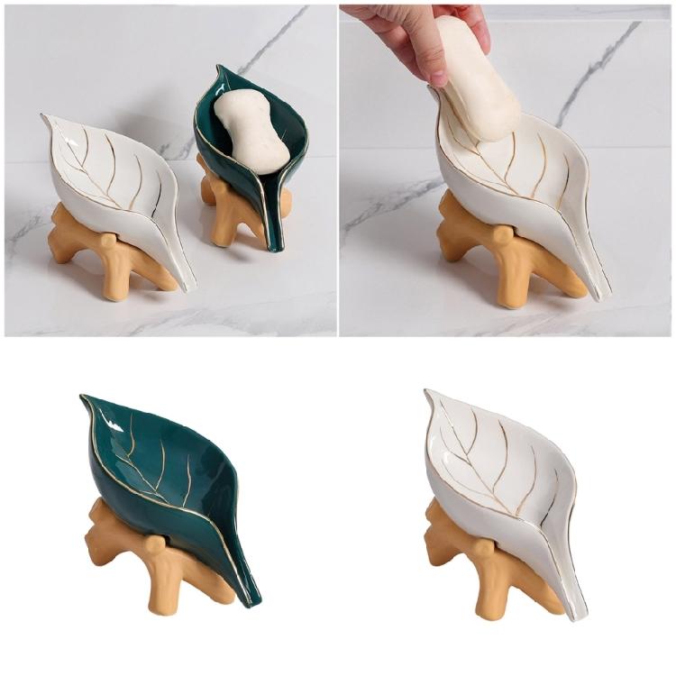 Modern Ceramic Soap Holder NonSlip Base Golden Leaf Pattern Soap Dish Organizers Tray for Bathroom Kitchen Essential