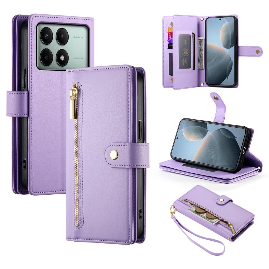 DF-011 For Xiaomi Poco X6 Pro 5G/Redmi K70E 5G Leather Case Zipper Wallet Multiple Card Slots