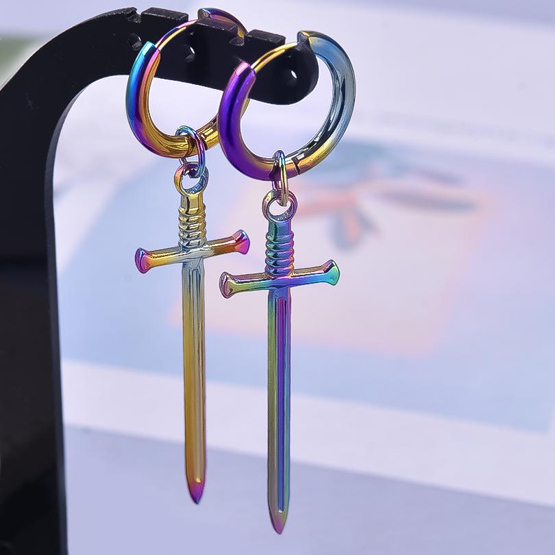 Goth Punk Black Long Sword Earrings For Women Men Accessories Stainless Steel Hoops Earring Dangle Tools Jewelry Piercing Arete