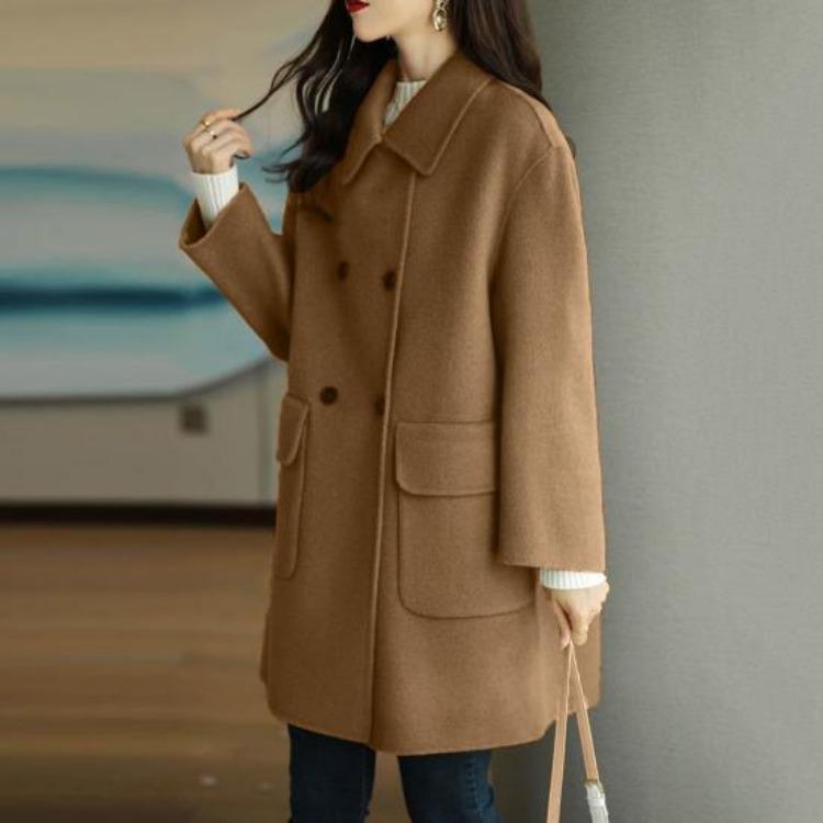 Warm Winter Woolen Coat Double Breasted Lapel Midlength Solid Color Women Overcoat Loose Fit Thickened Flap Pockets Autumn