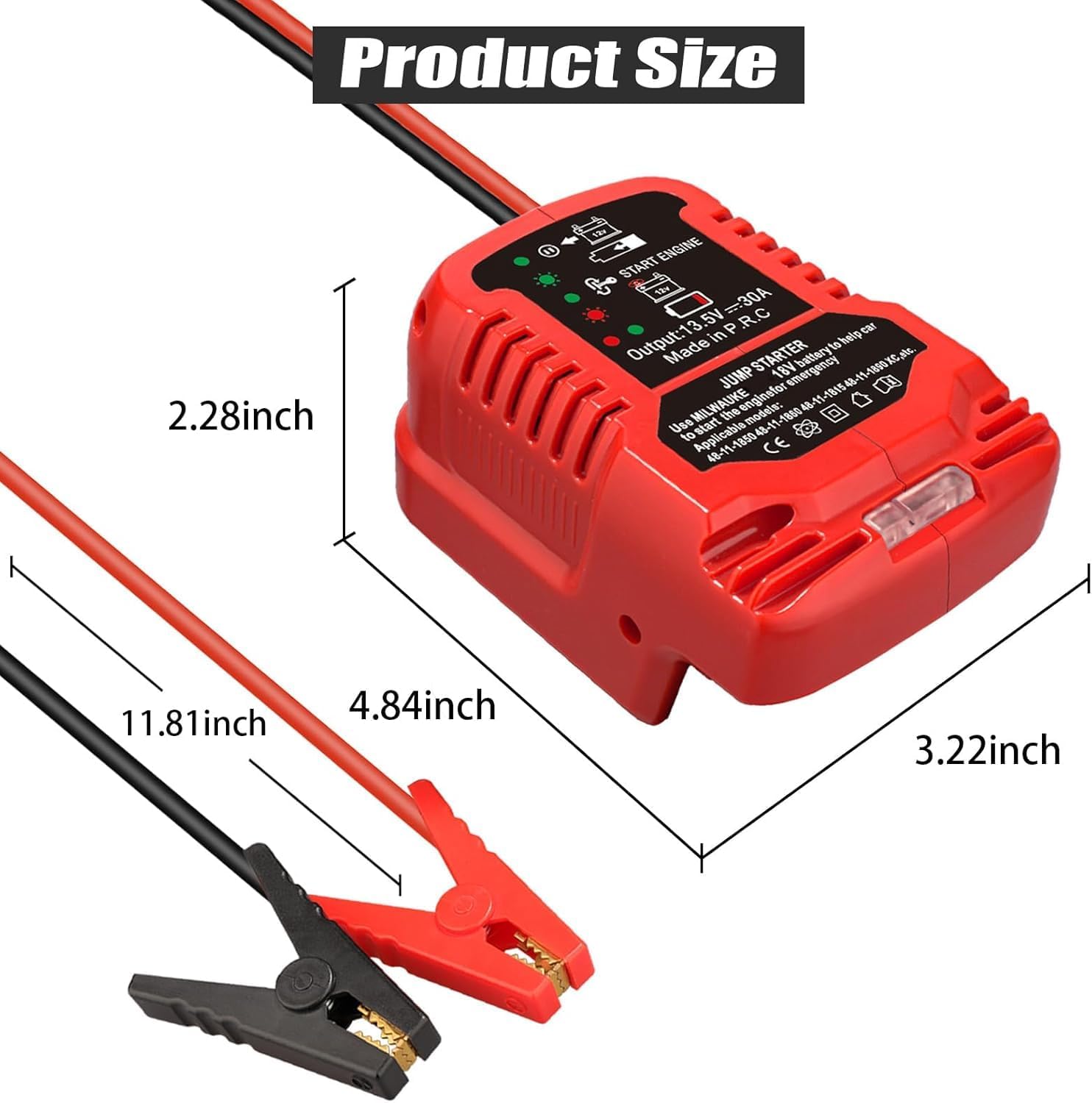 

12V Car Jump Starter Adapter for 18V M18 Li-ion, 11 AWG Cable Clamp, Fits Up to 3.5L Engine (No Battery) United States