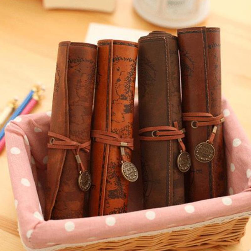 Leather Roll-Up Pouch W/ Embossed Buckle Vintage Treasure Map Pencil Case Large Capacity School Office Organizer