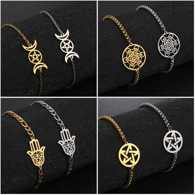 Vintage Pentagram Goddess Hamsa Hand Women's Bracelet On Hand Stainless Steel Charms Link Chain Amulet Wicca Viking Jewelry Gift