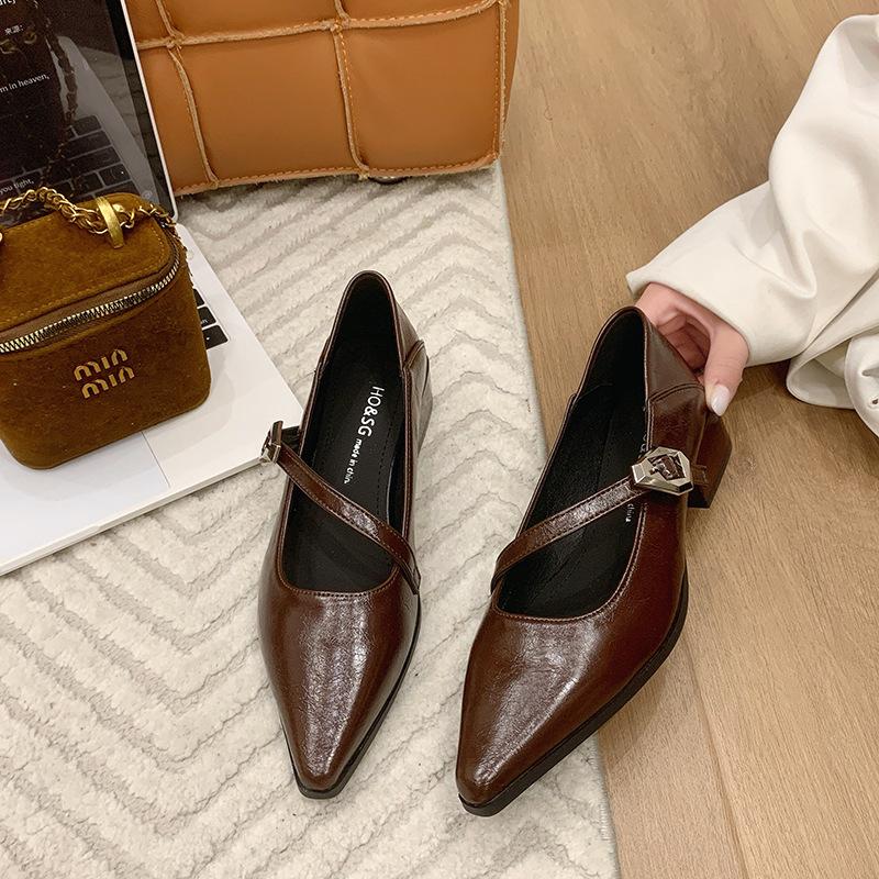 2025 new women's shoes spring thick heel pointed one-word buckle shallow mouth Mary Jane shoes small leather shoes temperament single shoes