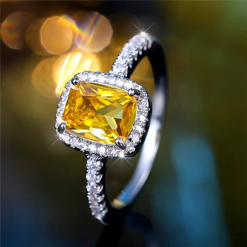 Charm Female Yellow Square Zircon Stone Ring Cute Silver Color Summer Wedding Jewelry For Women