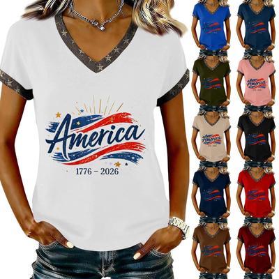 Women's Casual V Neck Short Sleeve Pullover Printed T-Shirt Top