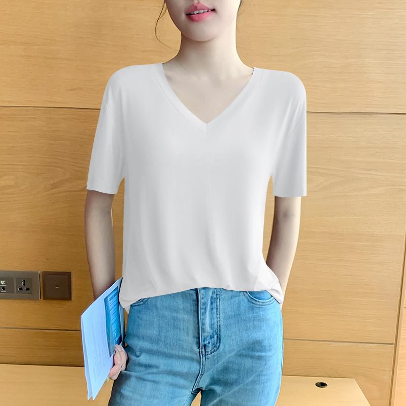 Short Sleeve Black Facial Mask T-shirt Female Summer V-neck New Ice Silk Low Neck Loose Spring and Autumn Top JS