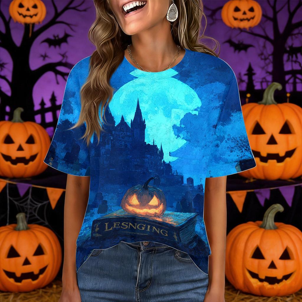 Women's Casual Short Sleeve Pullover Top Halloween Print Round Neck Pocket Loose Fit Lightweight Shirt for Everyday Wear