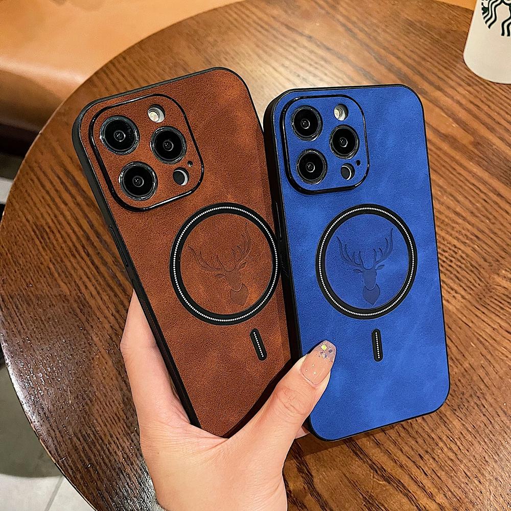 Cartoon Deer Head PU Leather Magnetic Phone Case For iPhone 16 Pro Max 16ProMax Wireless Charging Precise Hole Camera Back Cover