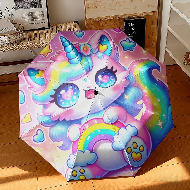 1pc Cartoon cute fantasy unicorn Umbrella Portable Folding Umbrella Iron Frame Hole Bone Structure Outdoor Home Umbrella