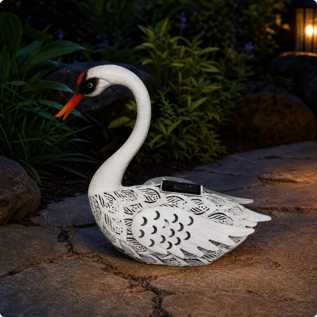 Solar Swan Garden Ornament Hand-Painted Outdoor Decorative Figurine Waterproof