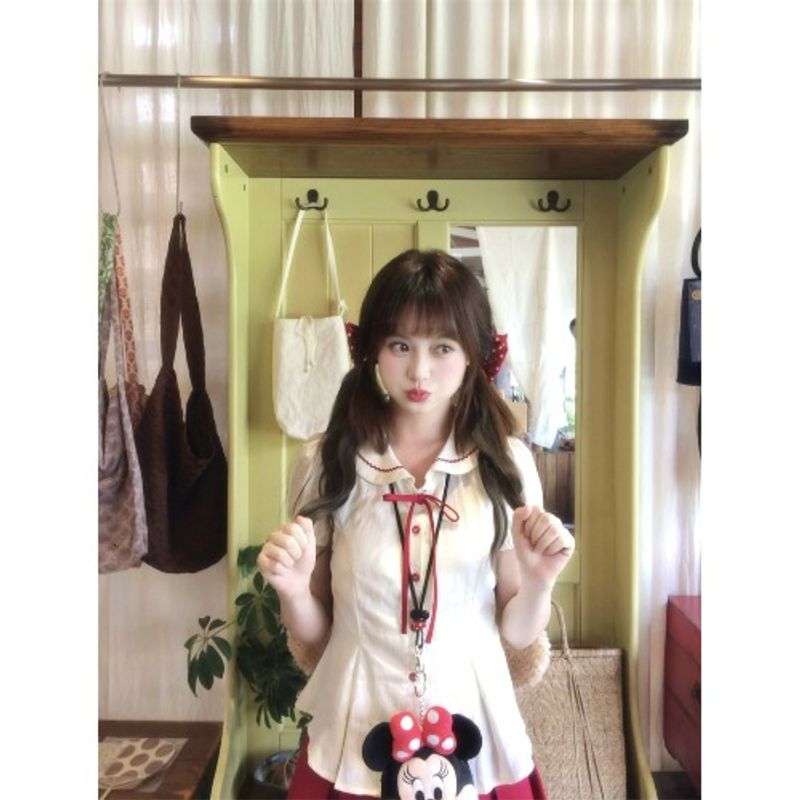 Kumikumi Sweet Style Set Cute Doll Collar Short sleeve Shirts Women Summer Red Pleated Two piece skirt