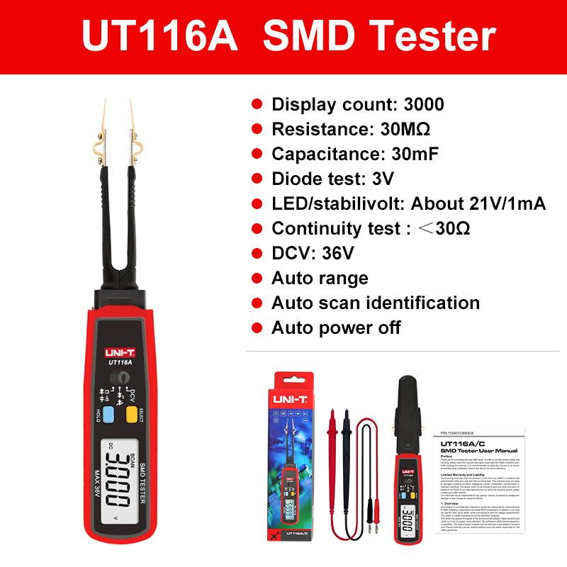 UNI-T SMD testeris UT116C UT116A Atsparumo testeris Sukamas LED diodas Rezistorius Baterijos testas Kondensatoriaus testeris