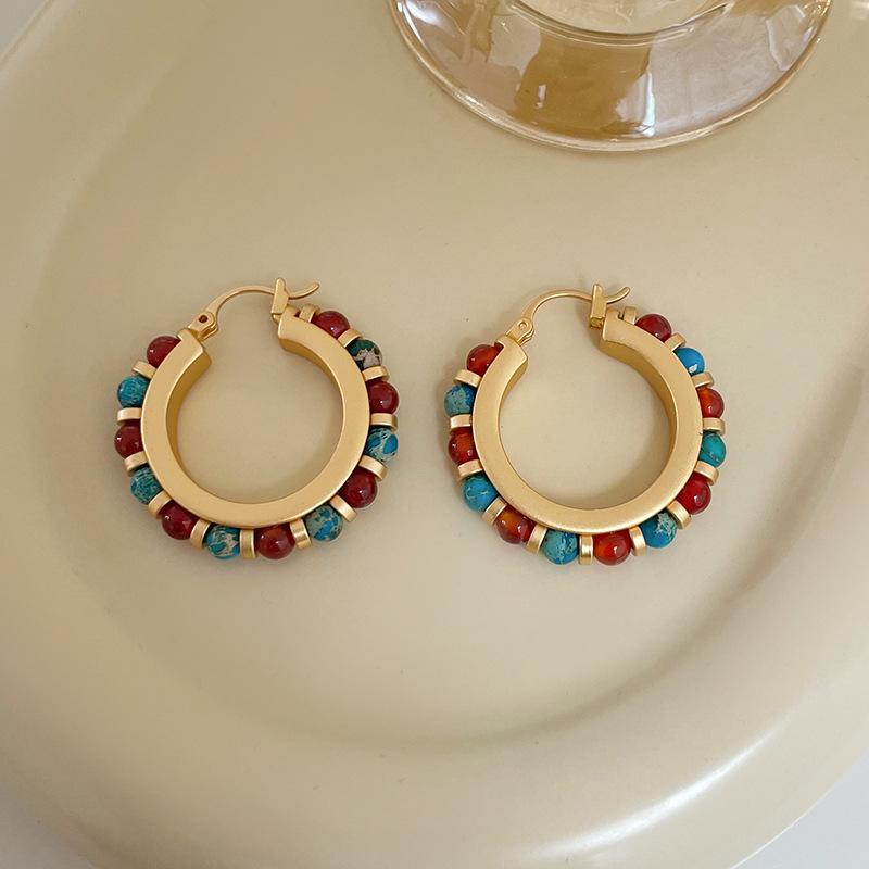 Bohemian Colorful Natural Stone Beaded Earrings - European & American Retro Style, High-End Light Luxury