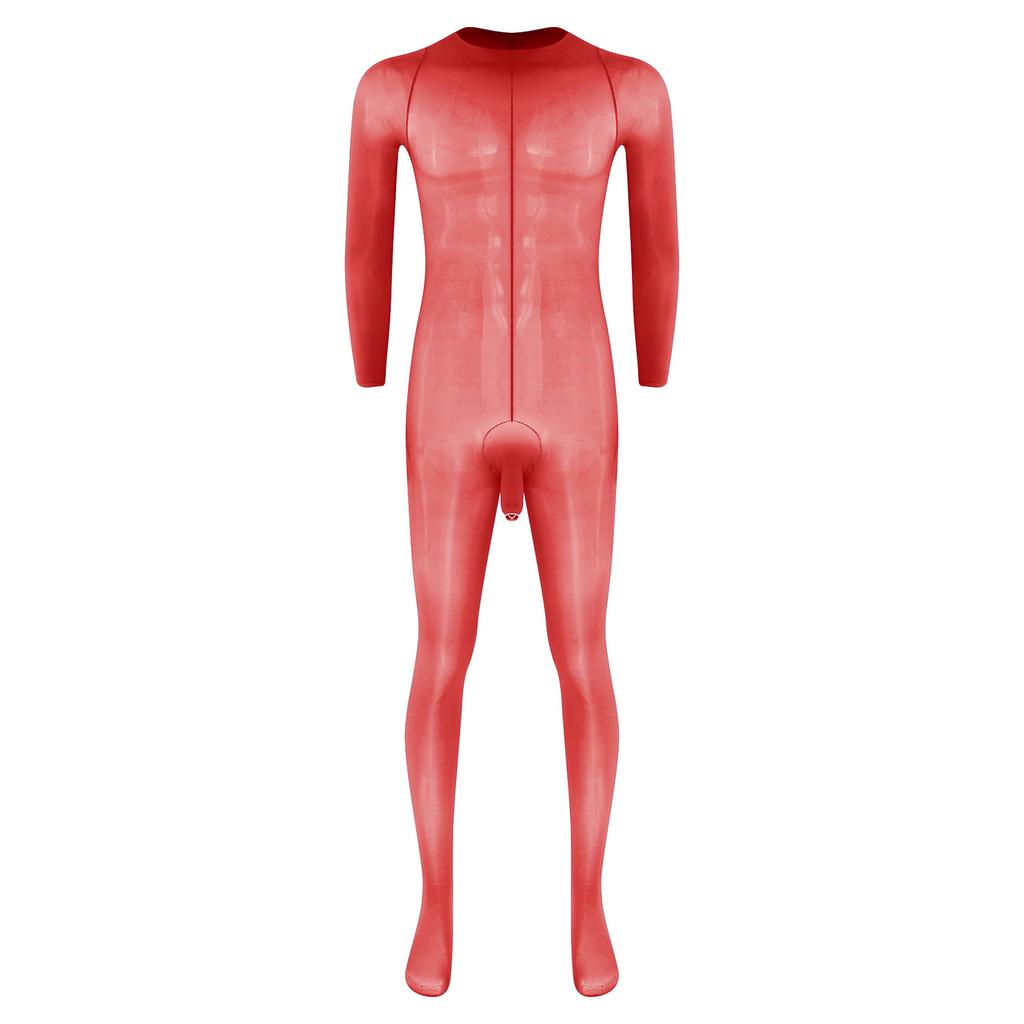 Herren Glänzender Fußbodysuit Jumpsuit Rundhalsausschnitt Langarm Scheide Öffnung Sehr Dehnbar Glänzend Nachtwäsche