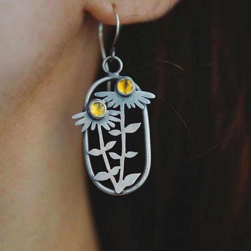 Delicate Flower Metal Green Crystal Dangle Earrings for Women Girl Chic Jewelry