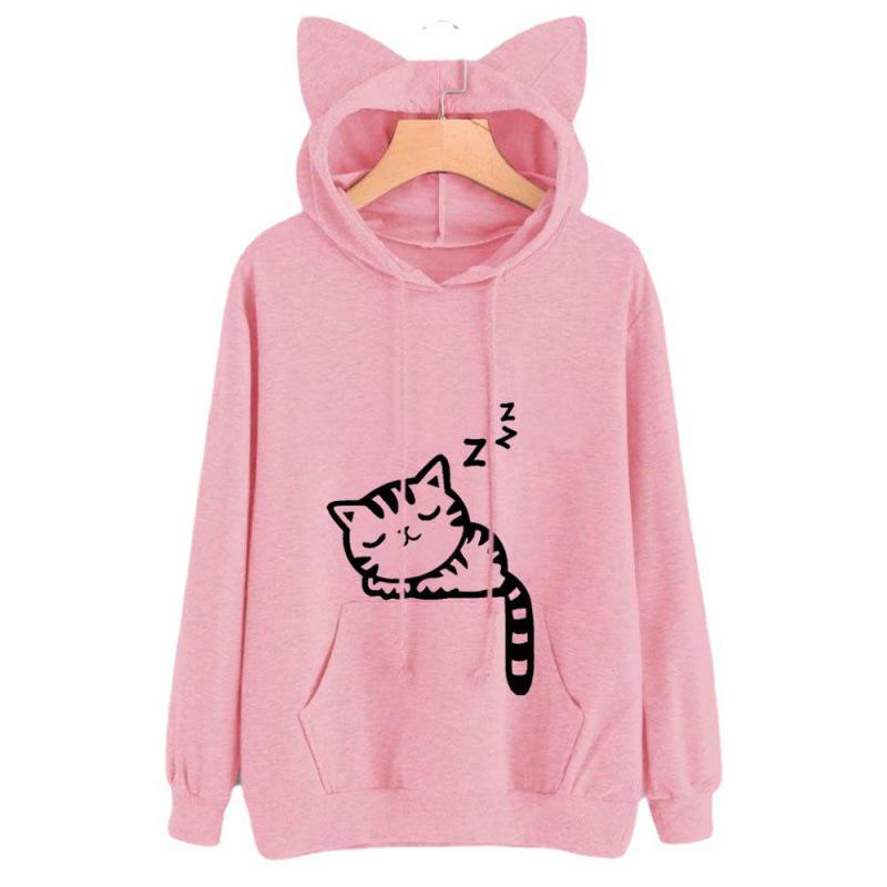 Plus Size Cat Print Fleece Hoodie for Women - Autumn/Winter Collection