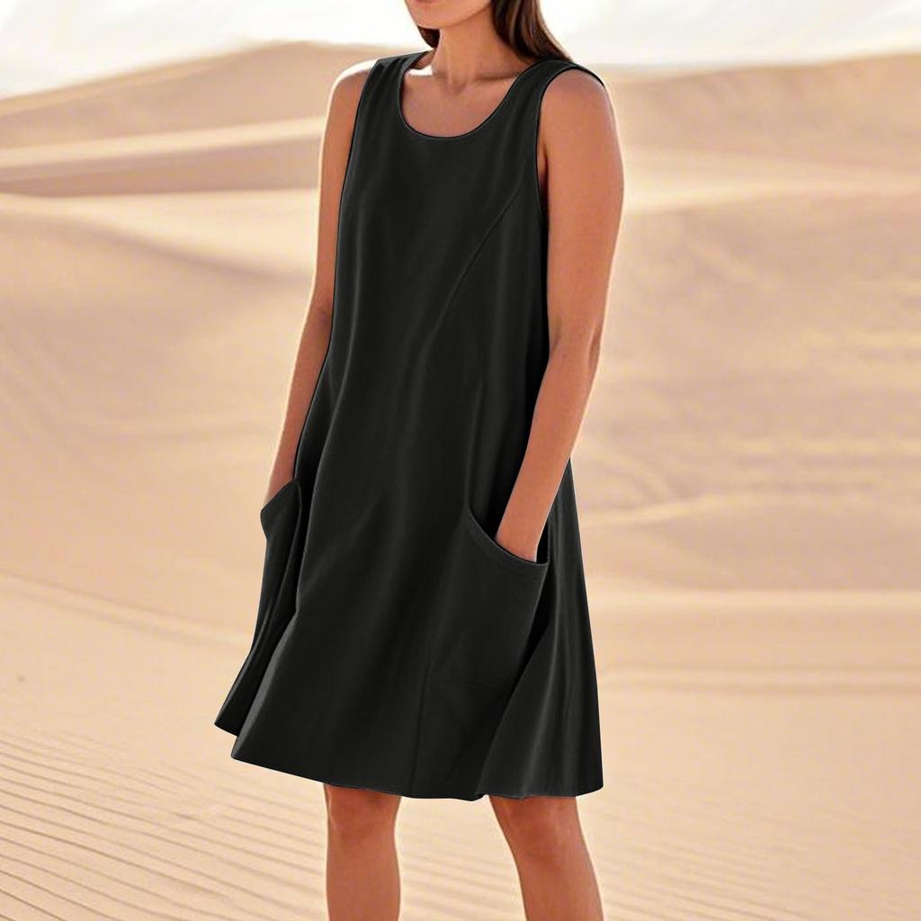 Sommerkleider für Damen, lockerer Strandurlaub, lässig, ärmellos, Sommerkleider mit Taschen, Tankkleid