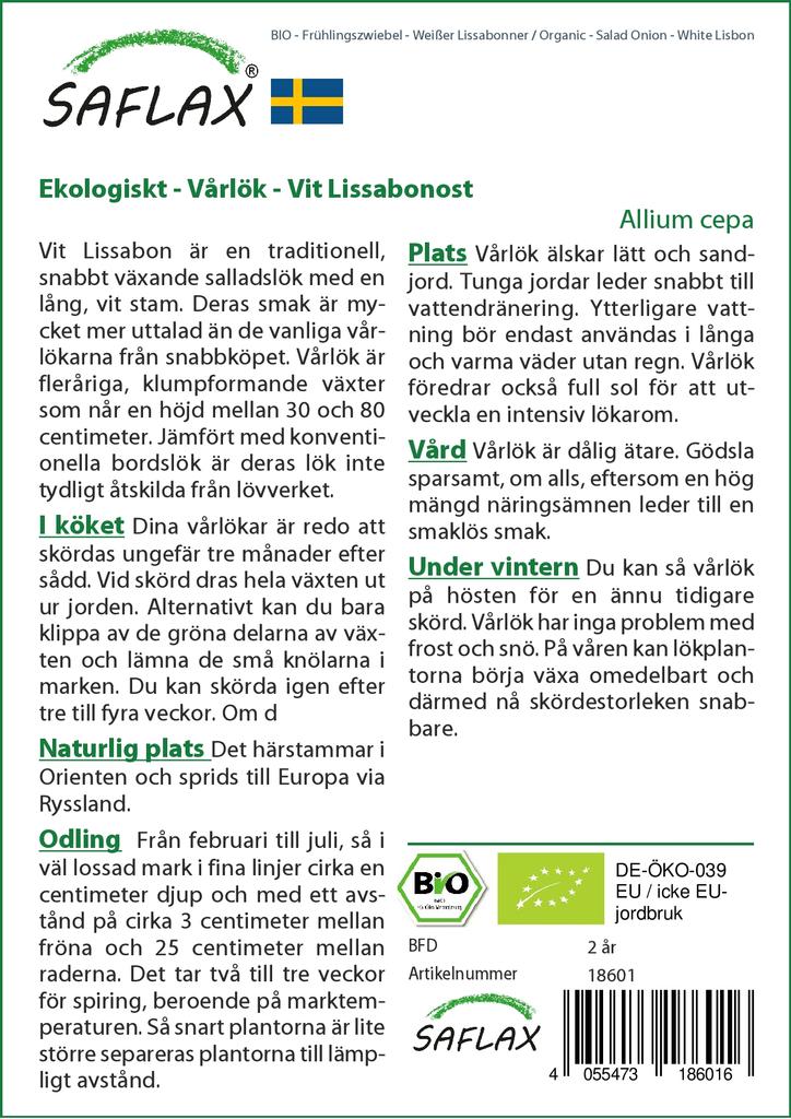 SAFLAX Garden In the Bag - Organic - Salad Onion - White Lisbon - 150 Seeds - With Substrate In a Fitting Stand Up Bag - Allium Cepa